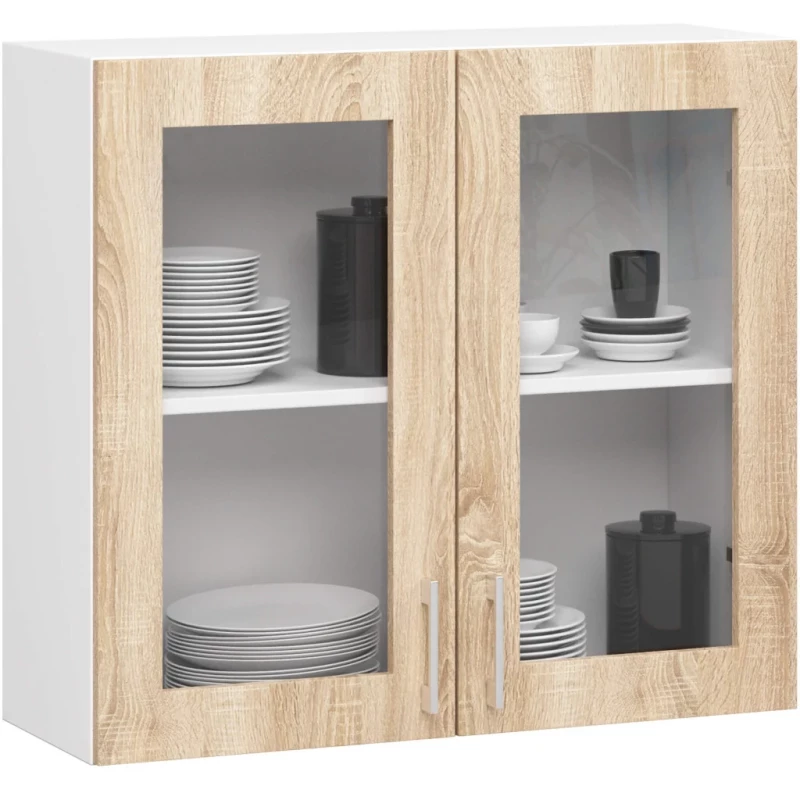 Felső kétajtós vitrines szekrény TRIVORA - szélesség 80 cm, fehér / sonoma tölgy