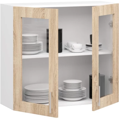 Felső kétajtós vitrines szekrény TRIVORA - szélesség 80 cm, fehér / sonoma tölgy