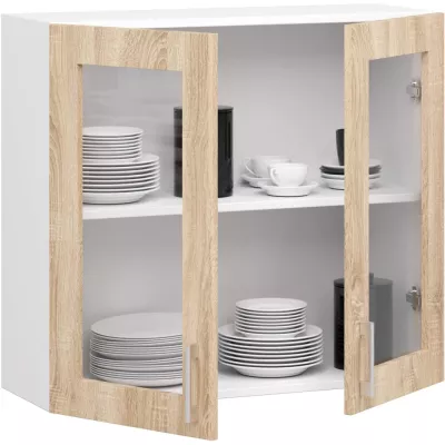 Felső kétajtós vitrines szekrény TRIVORA - szélesség 80 cm, fehér / sonoma tölgy