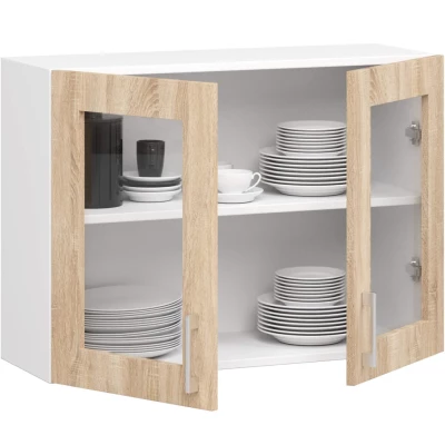 TRIVORA felső vitrines szekrény - szélesség 80 cm, fehér / sonoma tölgyfa
