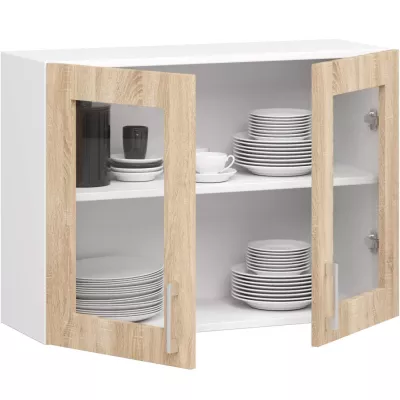 TRIVORA felső vitrines szekrény - szélesség 80 cm, fehér / sonoma tölgyfa