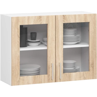 TRIVORA felső vitrines szekrény - szélesség 80 cm, fehér / sonoma tölgyfa