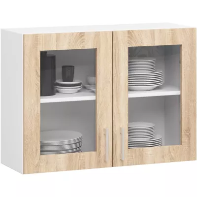 TRIVORA felső vitrines szekrény - szélesség 80 cm, fehér / sonoma tölgyfa