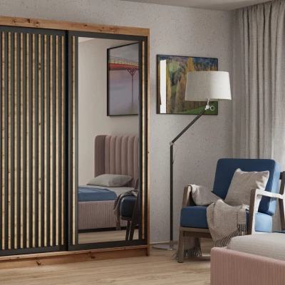 Szekrény lécekkel és tükörrel 120 cm WARDO - kézműves tölgy / fekete / kézműves tölgy