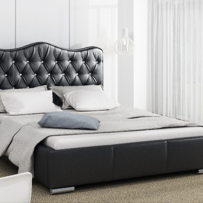 Santorini stílusos ágy tárolóval, fekete ökobőr, 180 x 200