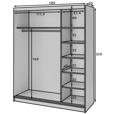 Gardróbszekrény tolóajtóval és tükörrel 180 cm OLIVIERA - fekete / kézműves tölgy
