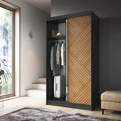 Gardróbszekrény tükrös és tolóajtós 120 cm VALORA - fekete / karamell tölgy