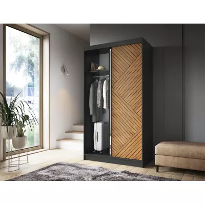 Gardróbszekrény tükrös és tolóajtós 120 cm VALORA - fekete / karamell tölgy