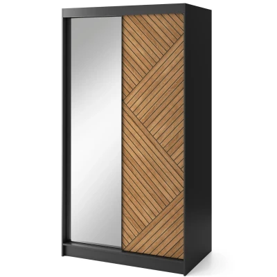 Gardróbszekrény tükrös és tolóajtós 120 cm VALORA - fekete / karamell tölgy