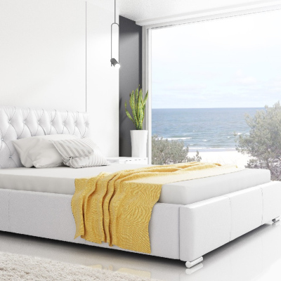 Adelaide divatos ágy magasított fejtámlával és tárolóval, fehér ökobőr, 160 x 200