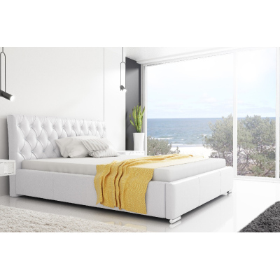 Adelaide divatos ágy magasított fejtámlával és tárolóval, fehér ökobőr, 180 x 200