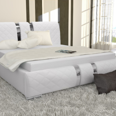Luka fényűző kárpitozott ágy magasított fejtámlával és tárolóval, fehér ökobőr, 180 x 200