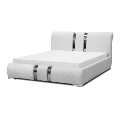 Luka fényűző kárpitozott ágy magasított fejtámlával és tárolóval, fehér ökobőr, 180 x 200