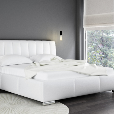 Malone elegáns egyszemélyes ágy magasított fejtámlával és tárolóval, fehér ökobőr, 140 x 200