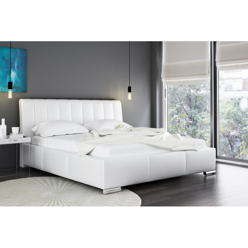 Malone elegáns ágy magasított fejtámlával és tárolóval, fehér ökobőr, 180 x 200