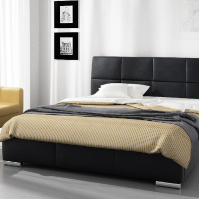 Prato stílusos egyszemélyes ágy magas fejtámlával és tárolóval, fekete ökobőr 120 x 200