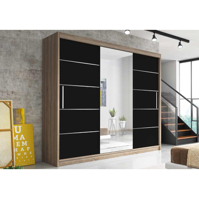 Modern Alivia gardróbszekrény 250 cm, sonoma tölgy, fekete, tükörrel