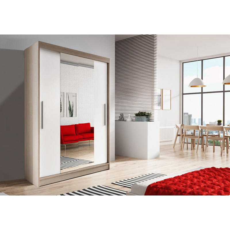 Modern gardrób Zorea 01 120 cm, sonoma tölgyfa korpusz, fehér + tükör