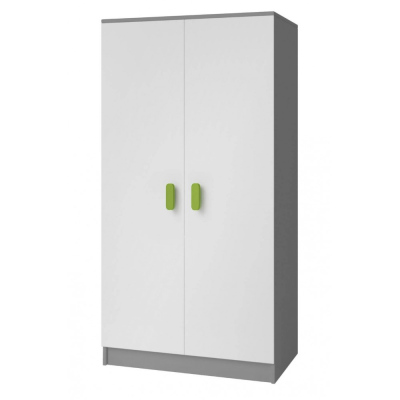 Kétajtós szürke-fehér SVEN 2 gyerekszobába való ruhásszekrény, fogantyúkkal - szélesség 80 cm, zöld