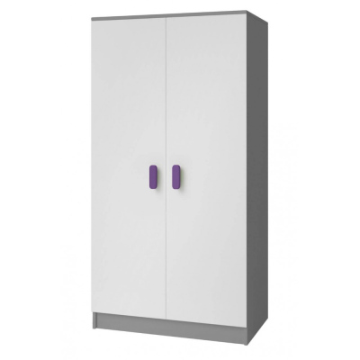 Kétajtós szürke-fehér SVEN 2 gyerekszobába való ruhásszekrény, fogantyúkkal - szélesség 80 cm, lila