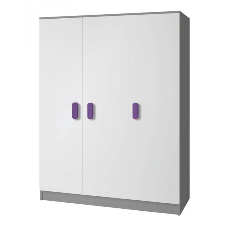 Háromajtós szürke-fehér SVEN 2 gyerekszobába való ruhásszekrény, fogantyúkkal - szélesség 120 cm, lila