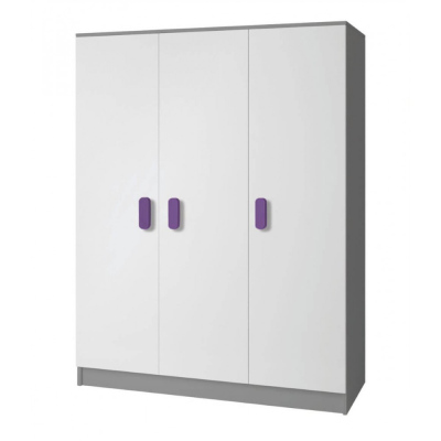 Háromajtós szürke-fehér SVEN 2 gyerekszobába való ruhásszekrény, fogantyúkkal - szélesség 120 cm, lila