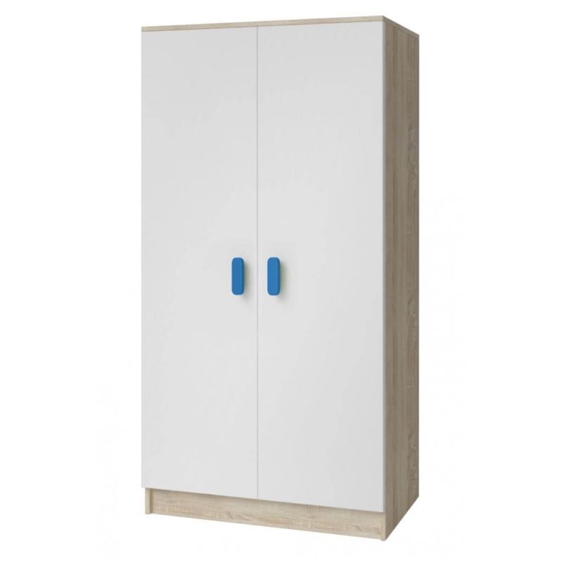 Kétajtós gyerekszobai szekrény SVEN 3, fehér + sonoma tölgy, fogantyúk - szélesség 80 cm, kék
