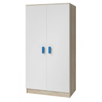 Kétajtós gyerekszobai szekrény SVEN 3, fehér + sonoma tölgy, fogantyúk - szélesség 80 cm, kék