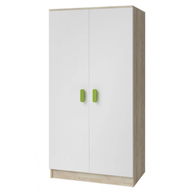 Kétajtós gyerekszobai szekrény SVEN 3, fehér + sonoma tölgy, fogantyúk - szélesség 80 cm, zöld