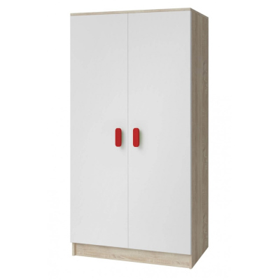 Kétajtós gyerekszobai szekrény Sven 3, fehér + sonoma tölgy, fogantyúk - szélesség 80 cm, piros