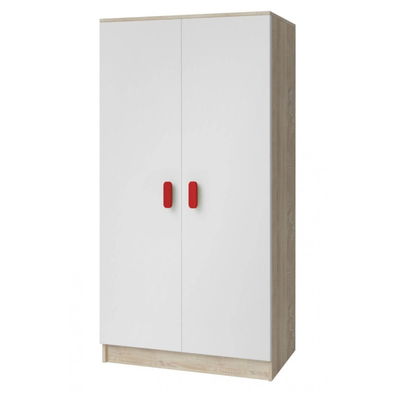 Kétajtós gyerekszobai szekrény Sven 3, fehér + sonoma tölgy, fogantyúk - szélesség 80 cm, piros