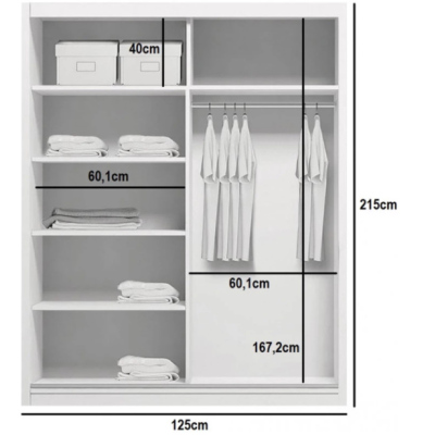 Tágas HUGO tükrös gardróbszekrény, szélessége 125 cm, magassága 215 cm