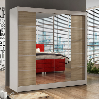 BULAN V praktikus hálószoba szekrény tükörrel, fehér, Sonoma tölgy ajtók