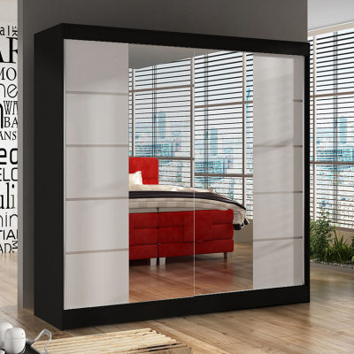 BULAN V praktikus hálószoba szekrény tükörrel, fekete, fehér ajtókkal