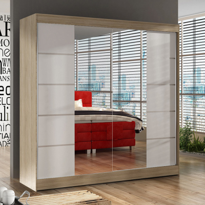 BULAN V praktikus hálószoba szekrény tükörrel, Sonoma tölgy, fehér ajtókkal