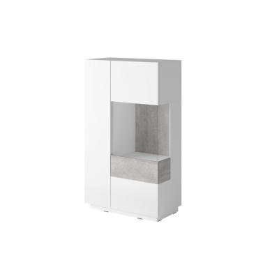 SHADI magas komód üvegrésszel, jobbos, fehér + beton