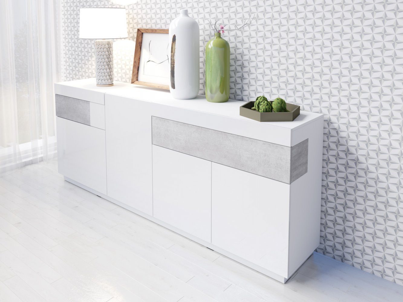 SHADI modern komód, négyajtós, fehér + beton