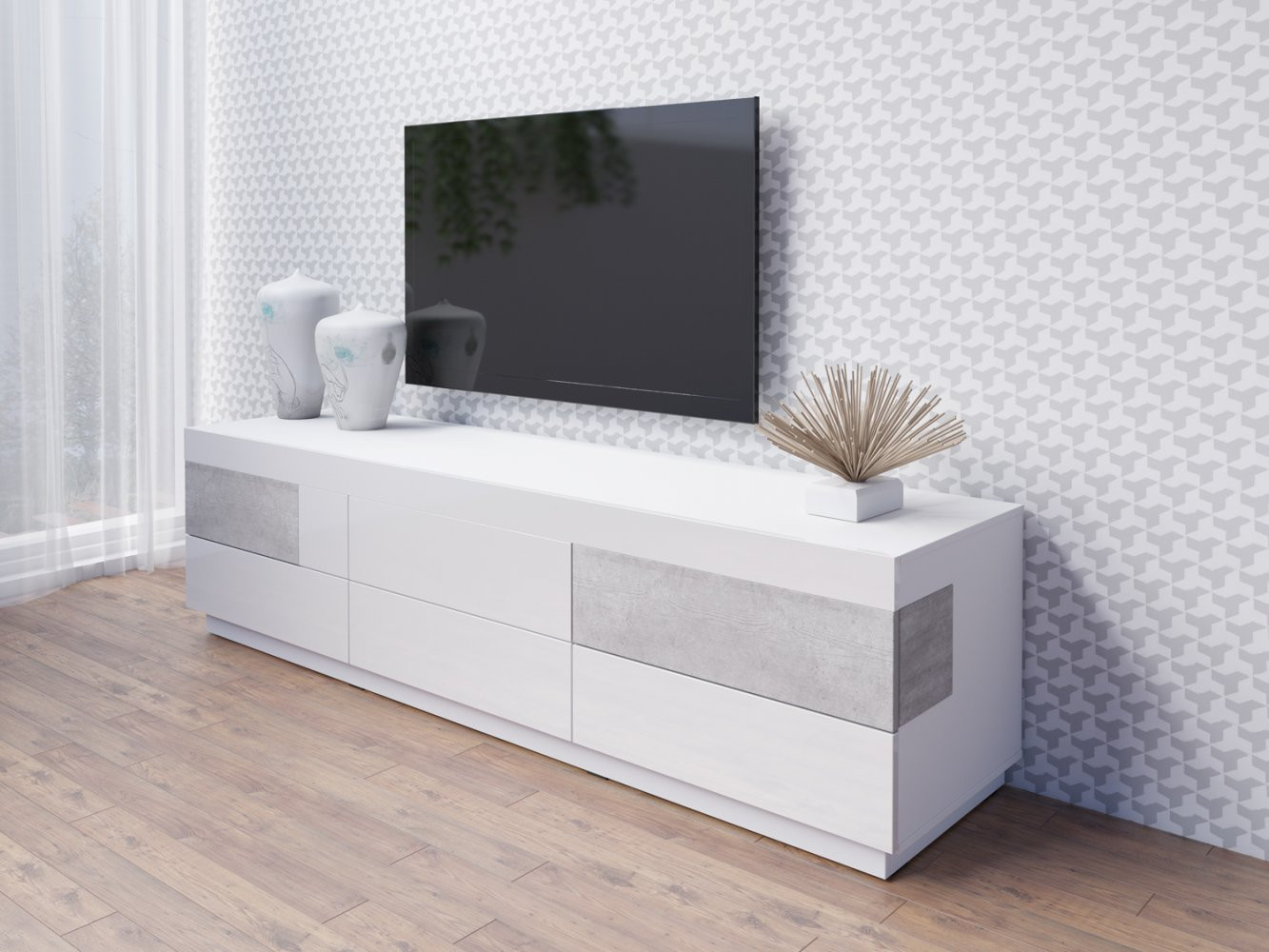 SHADI egyszerű TV asztal fiókokkal, fehér/beton