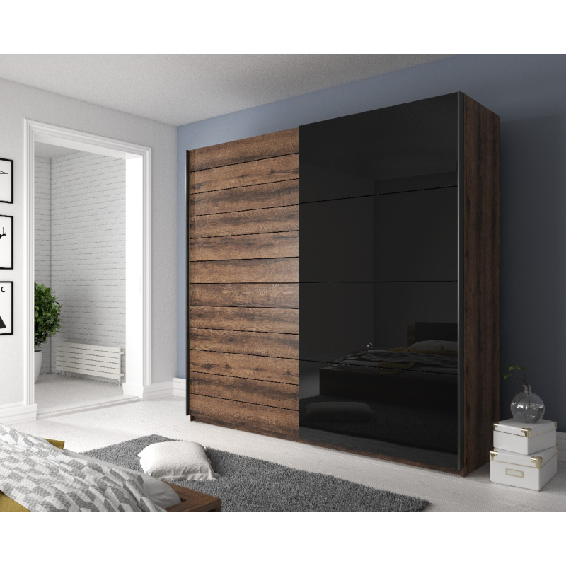 SÁRA ruhásszekrény fekete üveggel 200 cm, Monastery tölgy