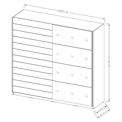 SÁRA ruhásszekrény fekete üveggel 200 cm, Monastery tölgy