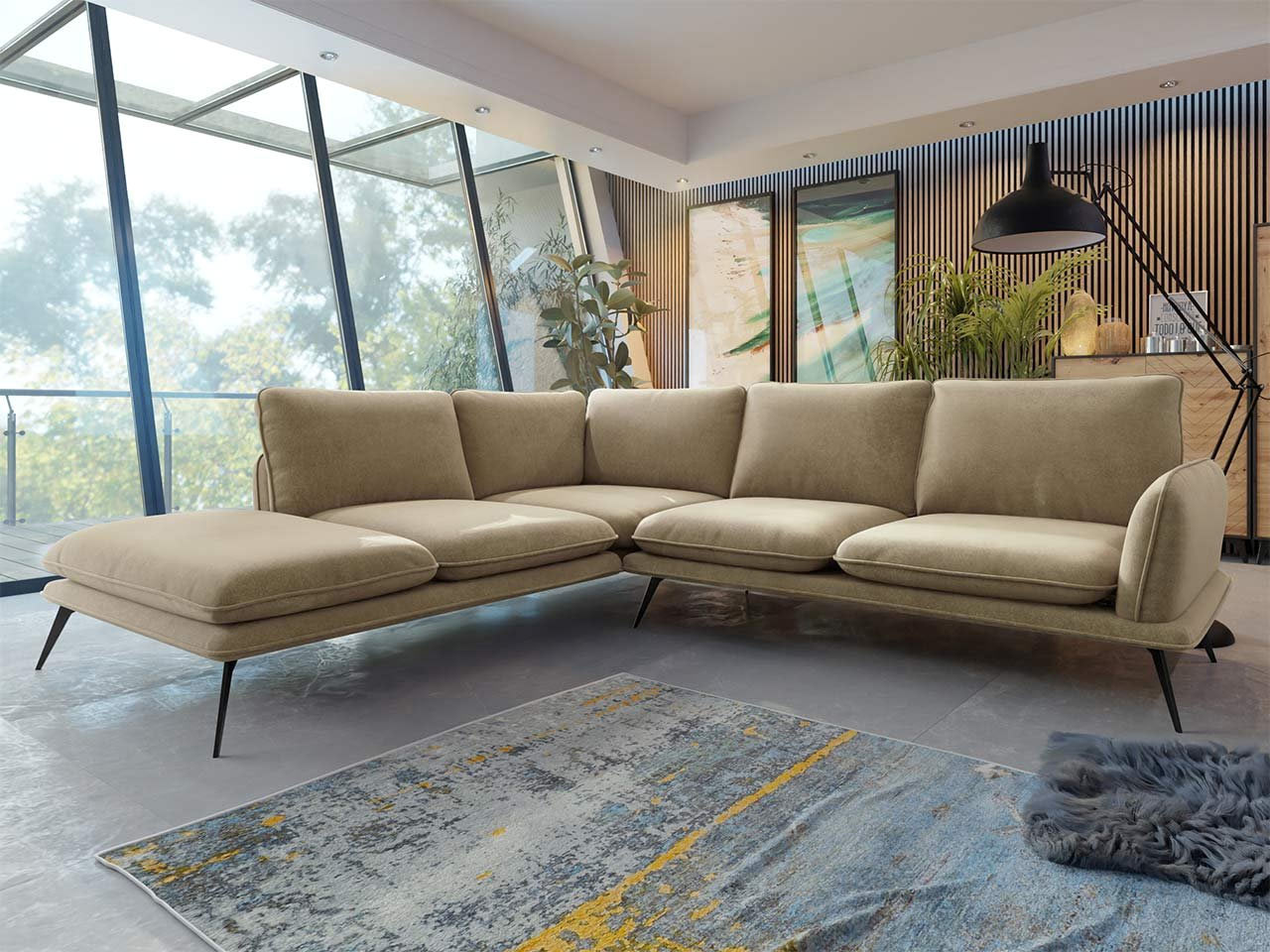 Egy dizájner bézs kanapé kiemeli a nappali stílusát