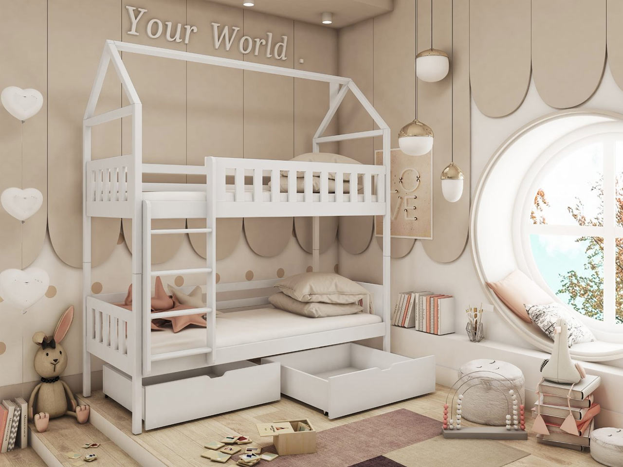 Emeletes ágy gyerekeknek – ház alakú 2 gyerkőc számára tárolóhellyel
